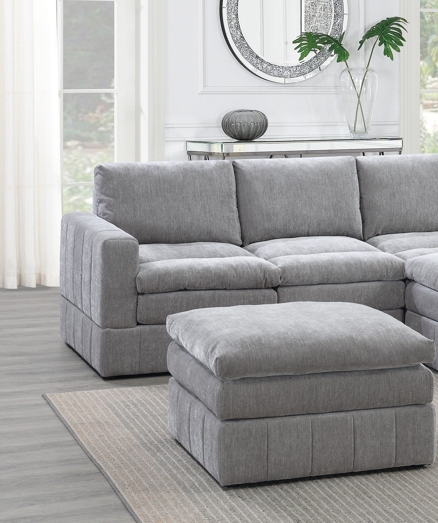 Contemporary 5pc Set Modular Sectional Set 2x One Arm Chair / Wedge 1x Armless Chair 2x Ottoman Granite Color Morgan Fabric Plush Living Room Furniture