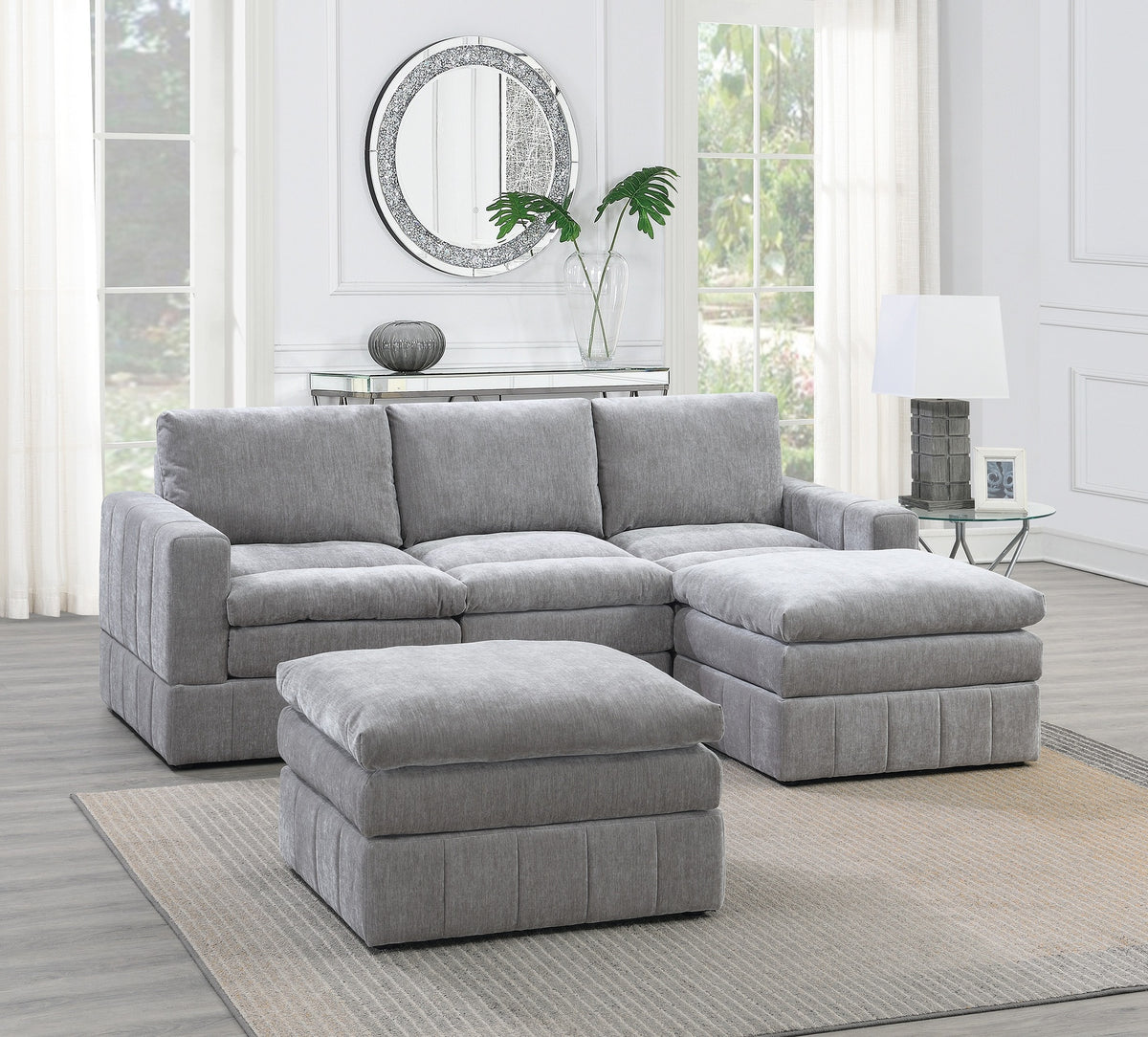 Contemporary 5pc Set Modular Sectional Set 2x One Arm Chair / Wedge 1x Armless Chair 2x Ottoman Granite Color Morgan Fabric Plush Living Room Furniture