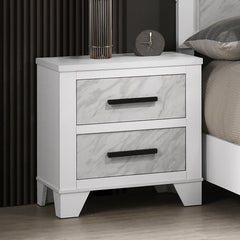White Color 1pc Nightstand Black Bar Pulls Bedside Table Metal Center Glide Faux Marble Insert Bedroom Rubberwood