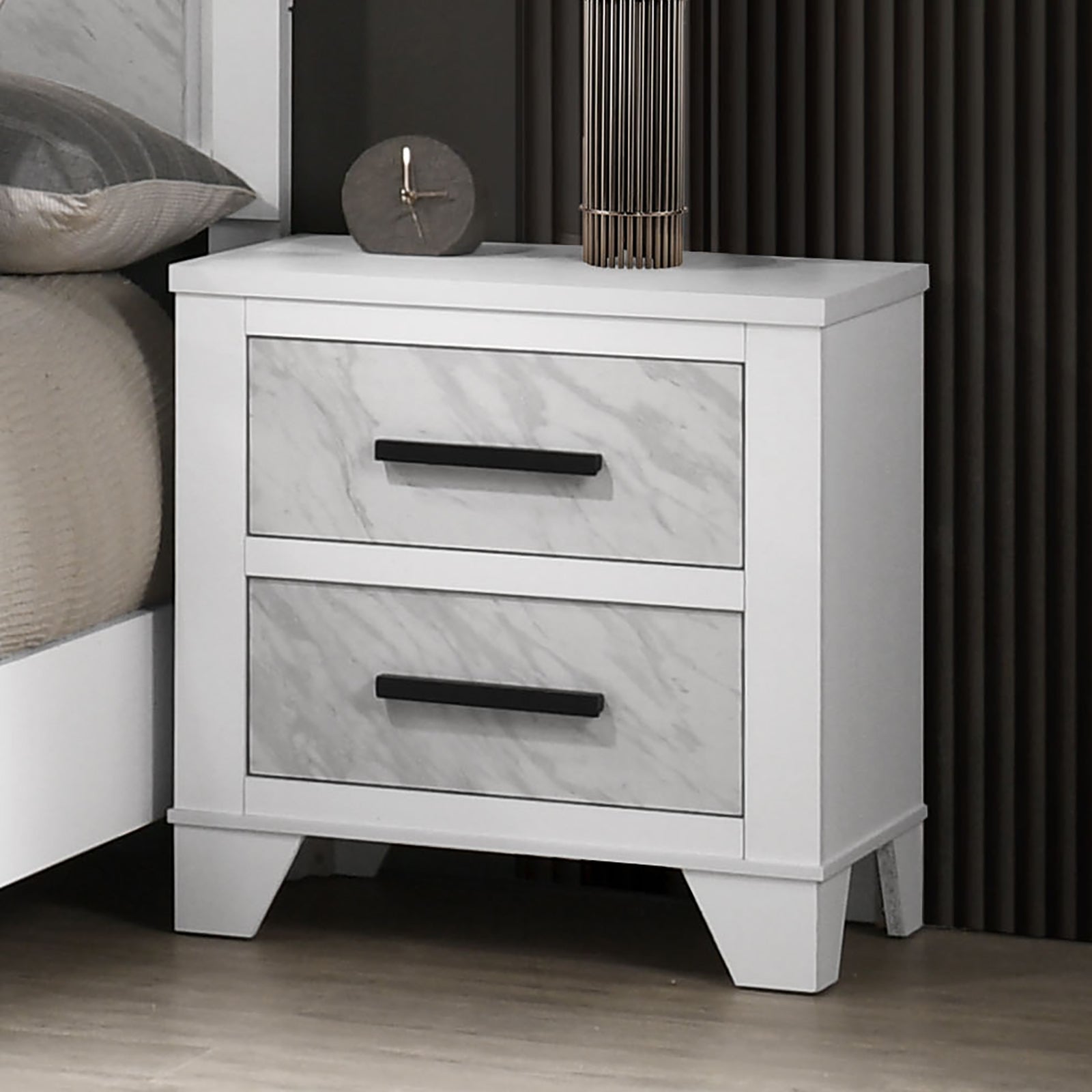 White Color 1pc Nightstand Black Bar Pulls Bedside Table Metal Center Glide Faux Marble Insert Bedroom Rubberwood