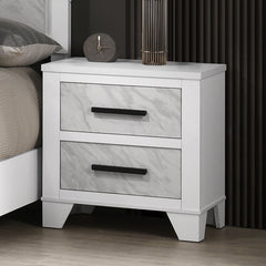 White Color 1pc Nightstand Black Bar Pulls Bedside Table Metal Center Glide Faux Marble Insert Bedroom Rubberwood