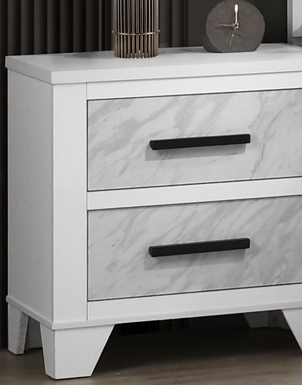 White Color 1pc Nightstand Black Bar Pulls Bedside Table Metal Center Glide Faux Marble Insert Bedroom Rubberwood
