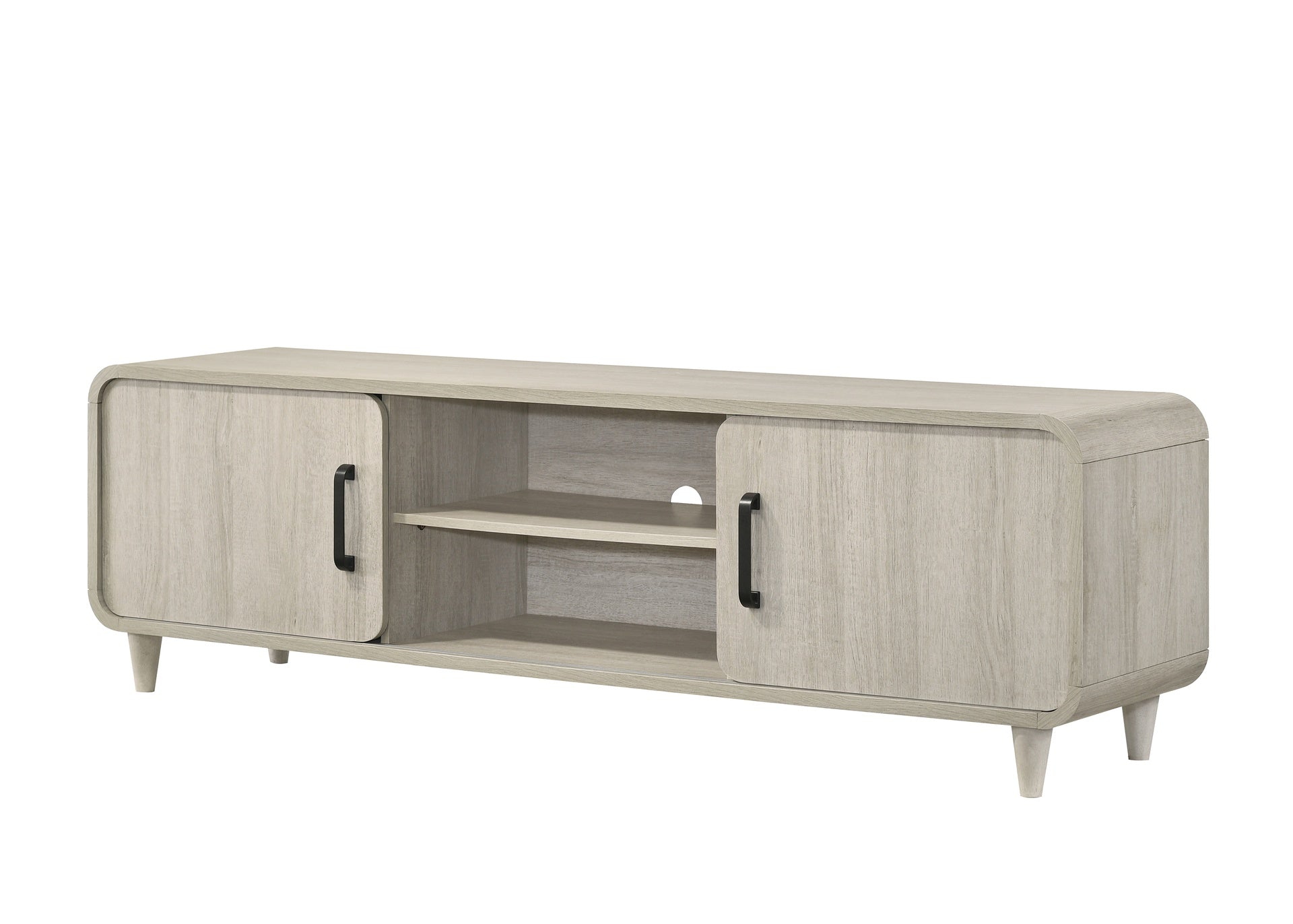 1pc TV Stand Contemporary Light Wood Finish Sliding Doors Black Handles Tapered Legs Mid-century Wooden Living Room Furniture