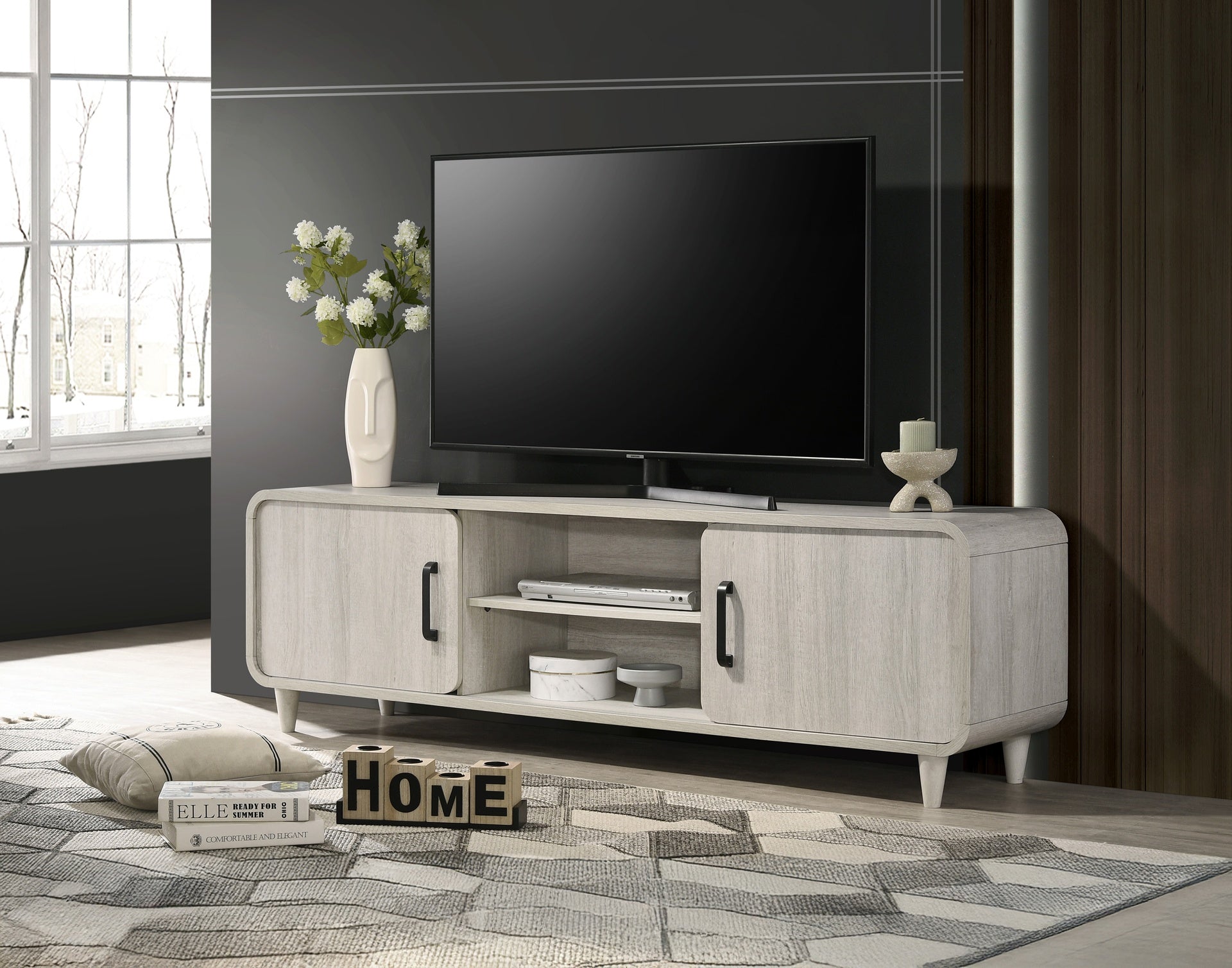 1pc TV Stand Contemporary Light Wood Finish Sliding Doors Black Handles Tapered Legs Mid-century Wooden Living Room Furniture