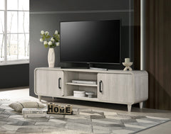 1pc TV Stand Contemporary Light Wood Finish Sliding Doors Black Handles Tapered Legs Mid-century Wooden Living Room Furniture