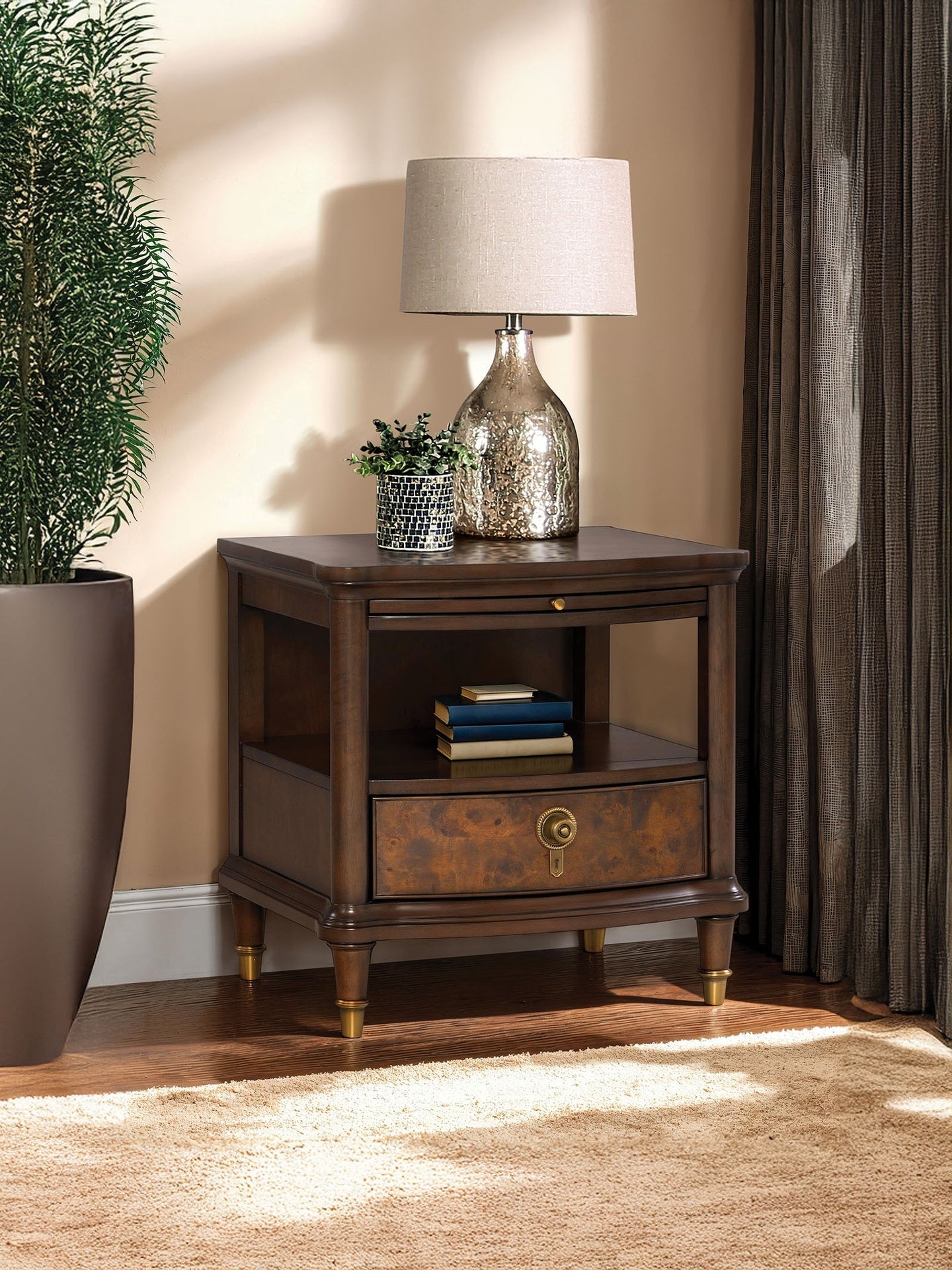 Modern Style 1pc End Table Gold Legs And Round Knobs Pull Out Tray Dark Cherry Finish Primary Living Room