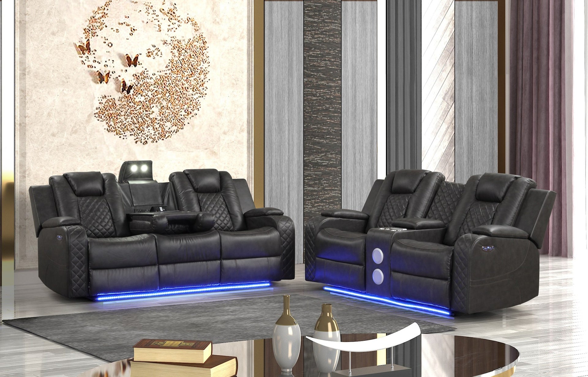 BENZ LED & Power Recliner 2 PC Made With Faux Leather in Black (NJ INVENTORY)