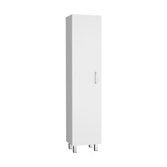 Storage Cabinet 71" H, Four Internal Shelves, Three Broom Hangers, White