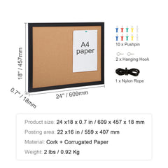 Cork Board, 24 x 18 inches, Double-sided Bulletin Board with MDF Sticker Frame, Vision Board Includes 10 Pushpins, for Display and Decoration in Office Home and School