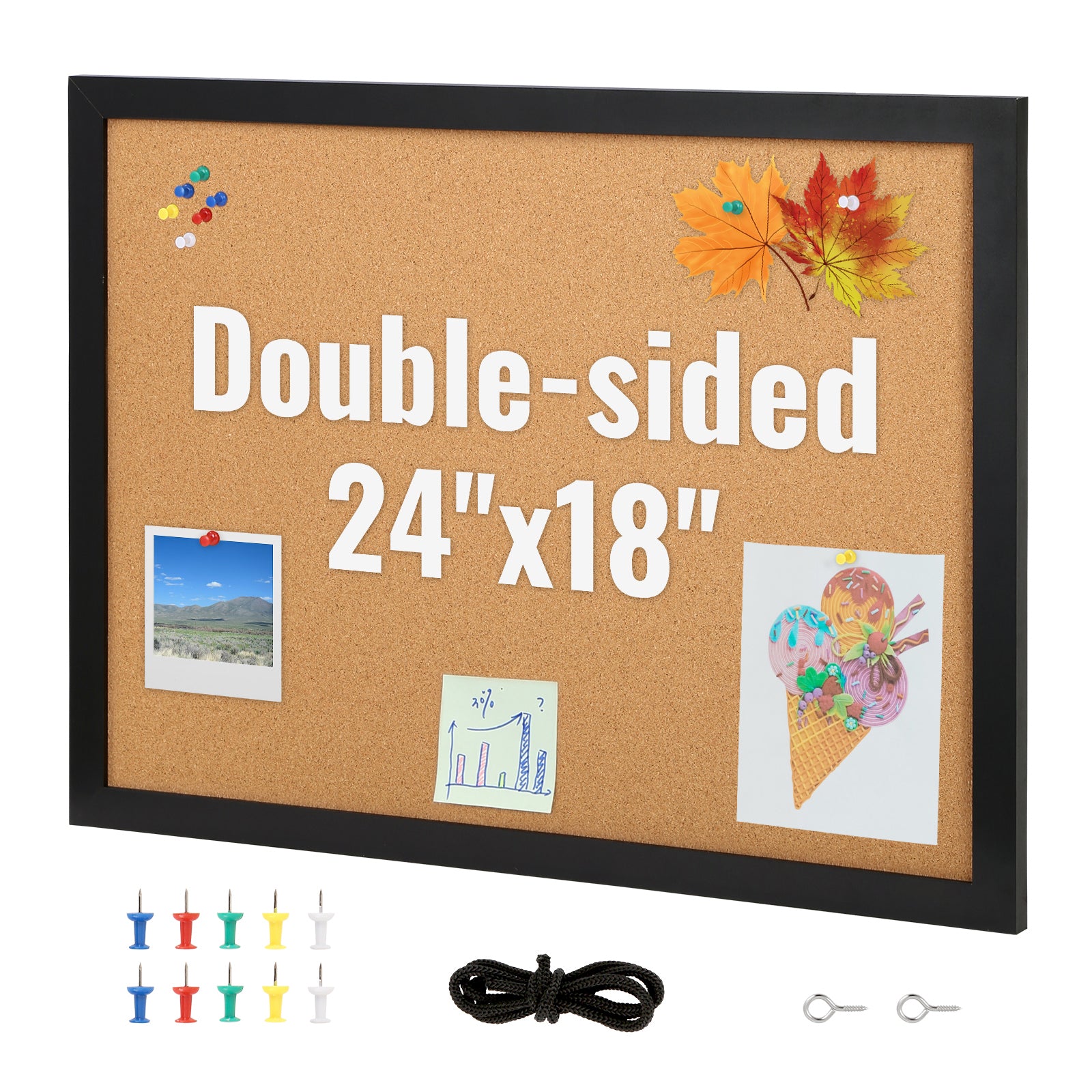 Cork Board, 24 x 18 inches, Double-sided Bulletin Board with MDF Sticker Frame, Vision Board Includes 10 Pushpins, for Display and Decoration in Office Home and School