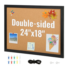 Cork Board, 24 x 18 inches, Double-sided Bulletin Board with MDF Sticker Frame, Vision Board Includes 10 Pushpins, for Display and Decoration in Office Home and School