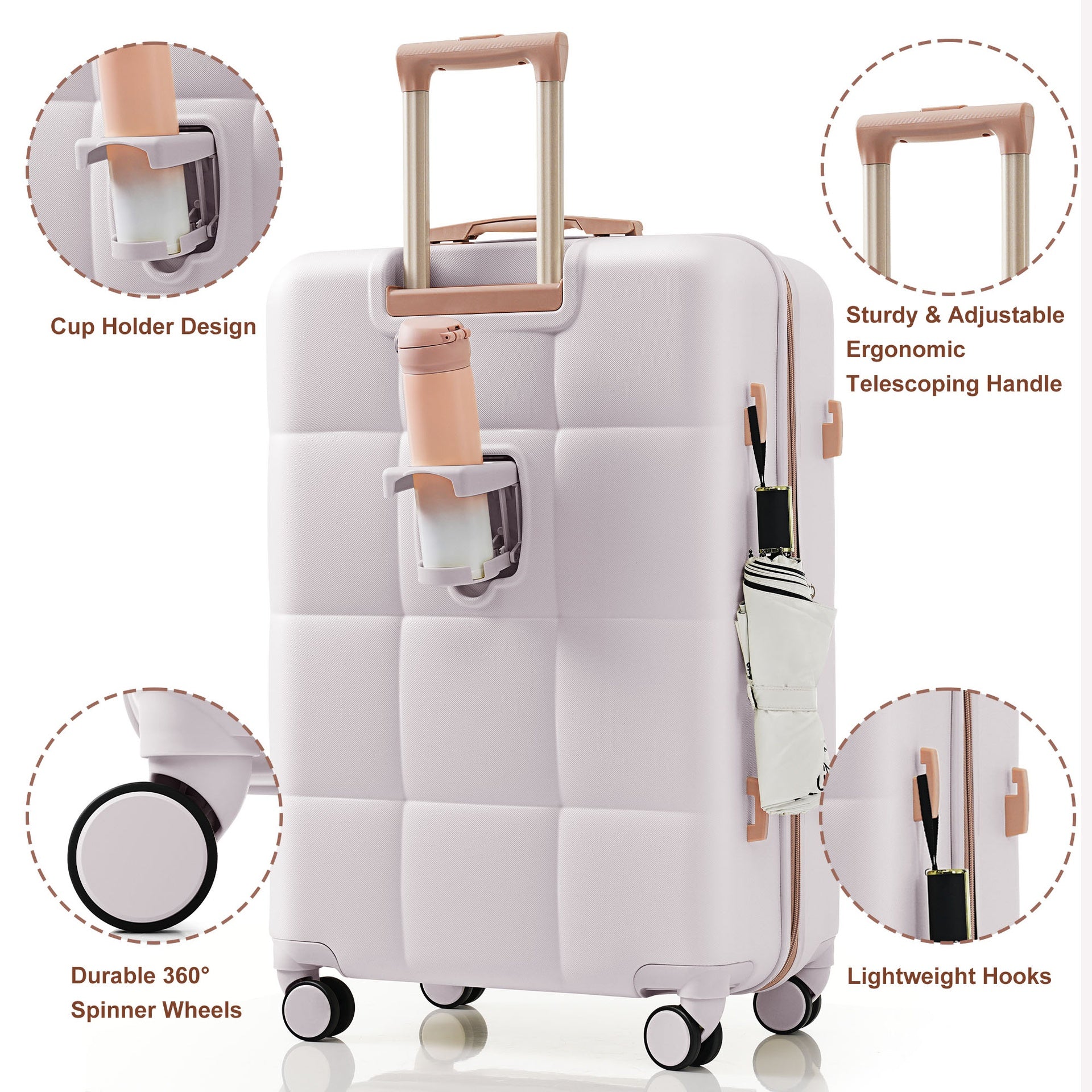 Luggage Set of 3, Airline Certified Carry-on Luggage with Cup Holder, ABS Hard Shell Luggage with Spinner Wheels, light grey