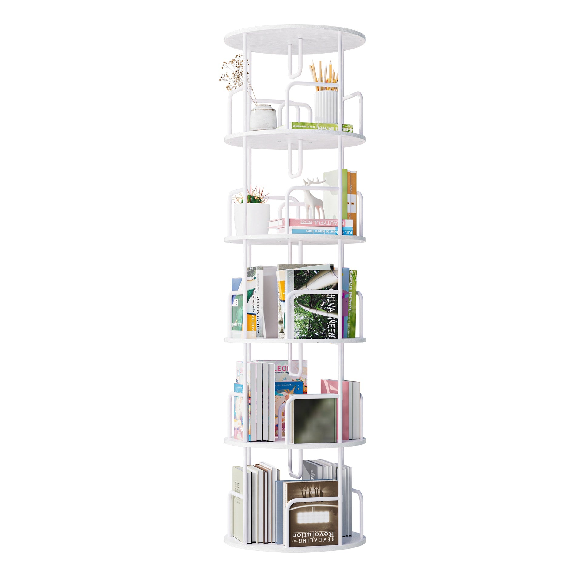 Rotating Bookshelf Tower 5 Tier,Spinning Bookcase, Revolving 360 Book Shelf Narrow Tall Bookcase, Vertical Turning Round storage Bookshelf ,Book Shelf Organizer for Bedroom, Living Room, White
