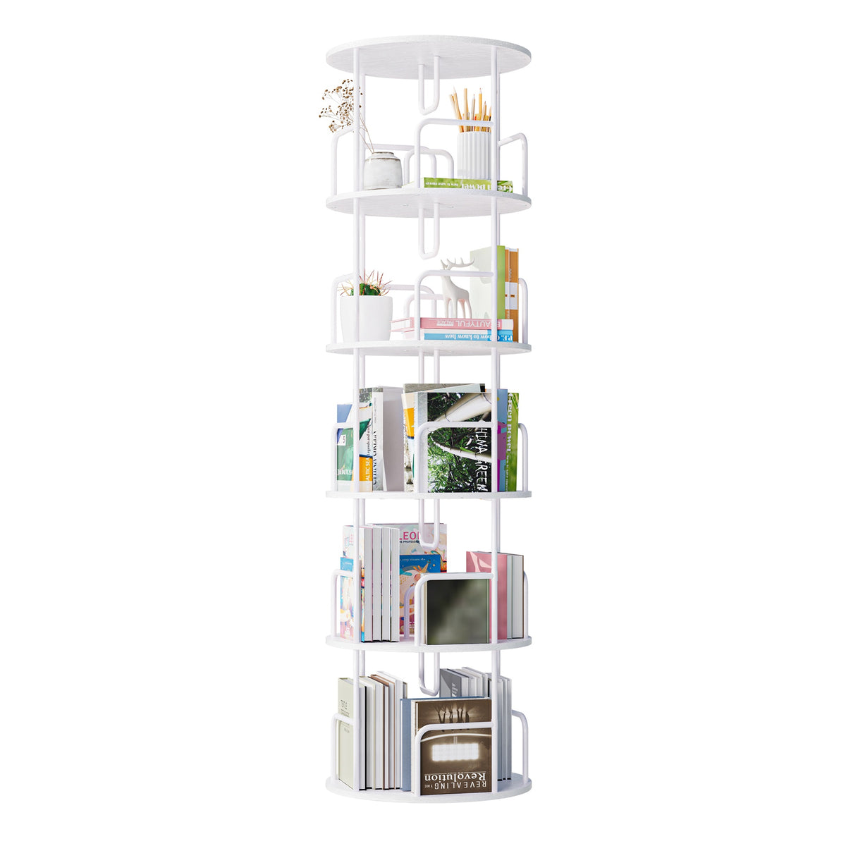 Rotating Bookshelf Tower 5 Tier,Spinning Bookcase, Revolving 360 Book Shelf Narrow Tall Bookcase, Vertical Turning Round storage Bookshelf ,Book Shelf Organizer for Bedroom, Living Room, White