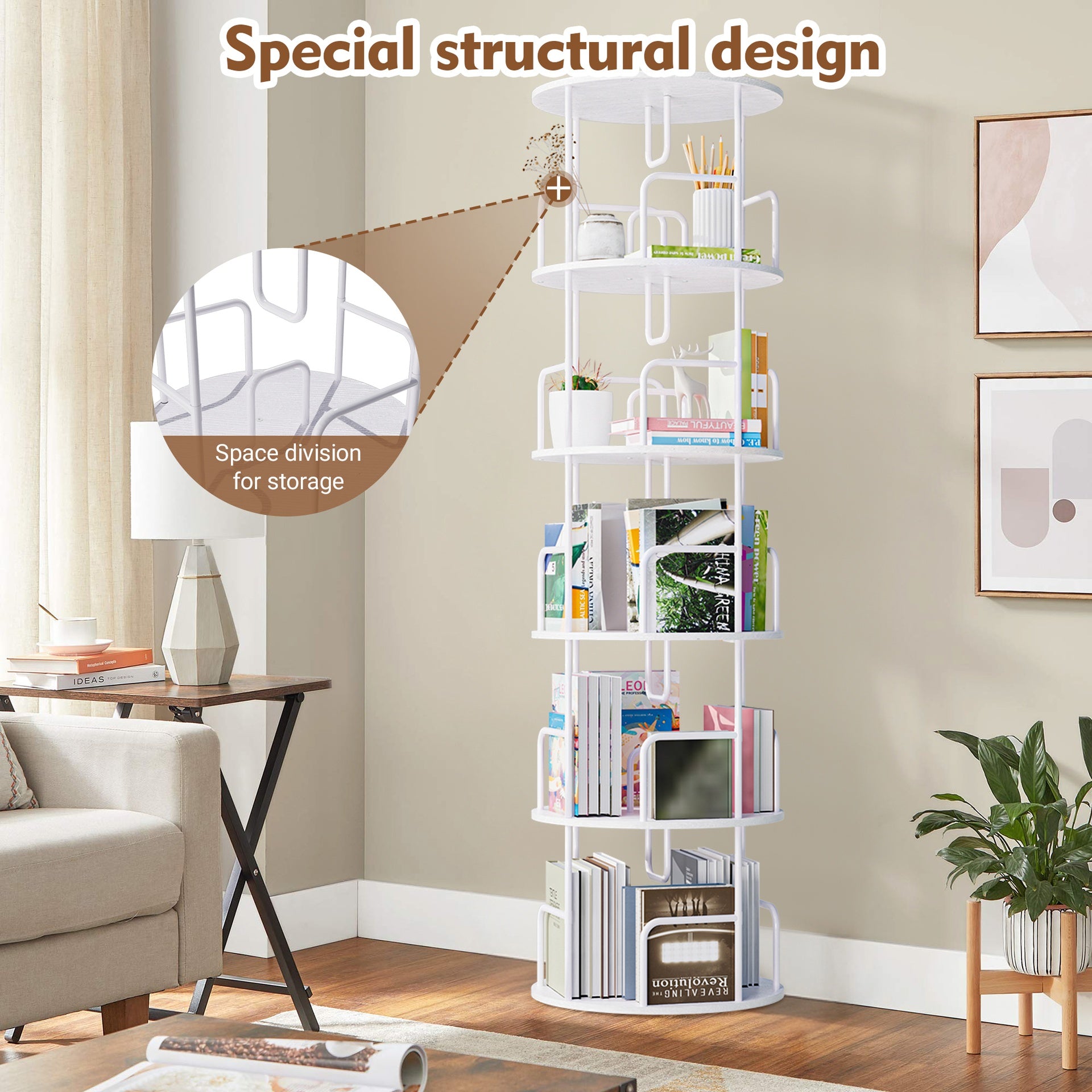 Rotating Bookshelf Tower 5 Tier,Spinning Bookcase, Revolving 360 Book Shelf Narrow Tall Bookcase, Vertical Turning Round storage Bookshelf ,Book Shelf Organizer for Bedroom, Living Room, White