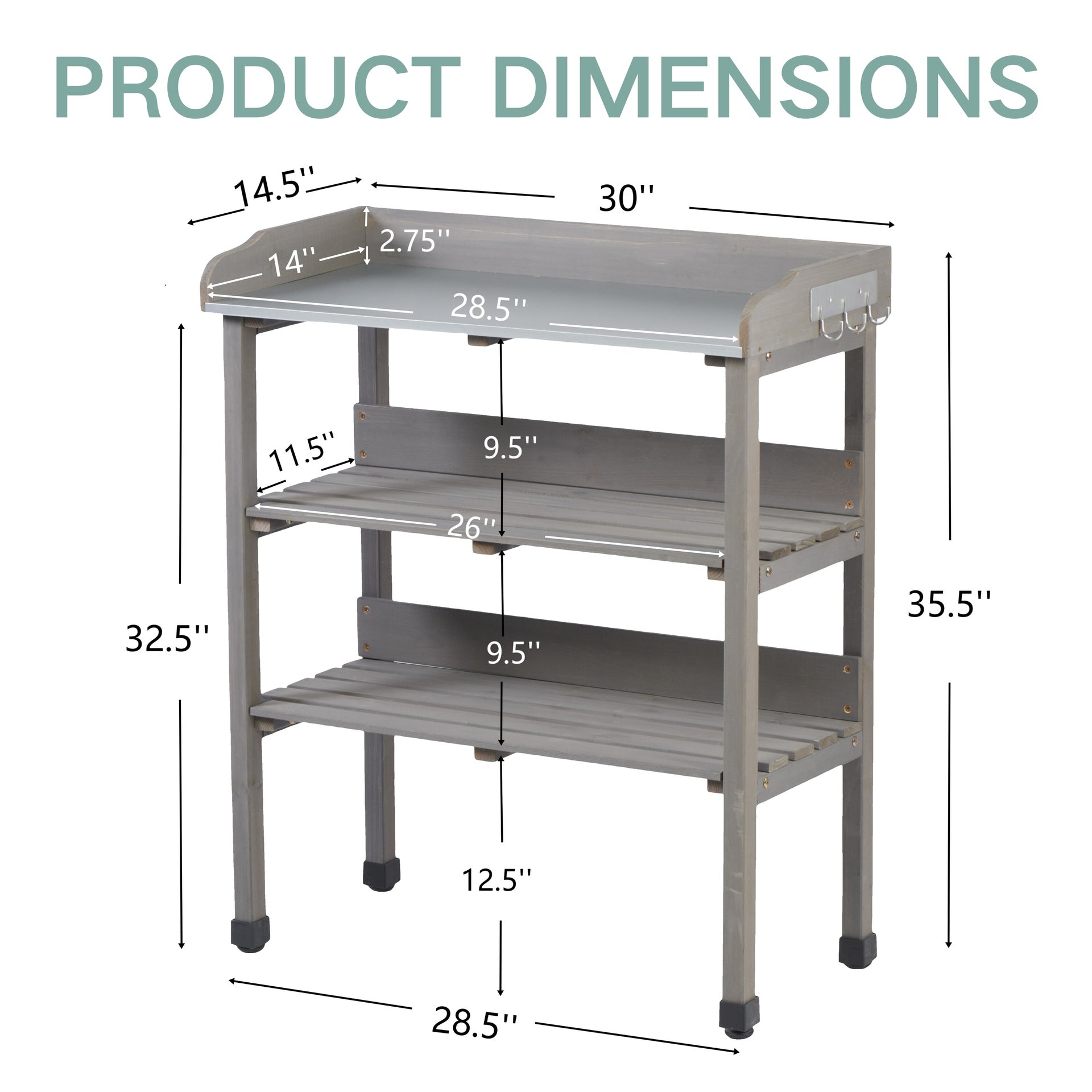 30″x14.5″×35.5″ Potting Table w/Metal Tabletop, 3 Layers Outdoor Work Bench w/Hook for Garden, Solid Wood Workstation for Garage