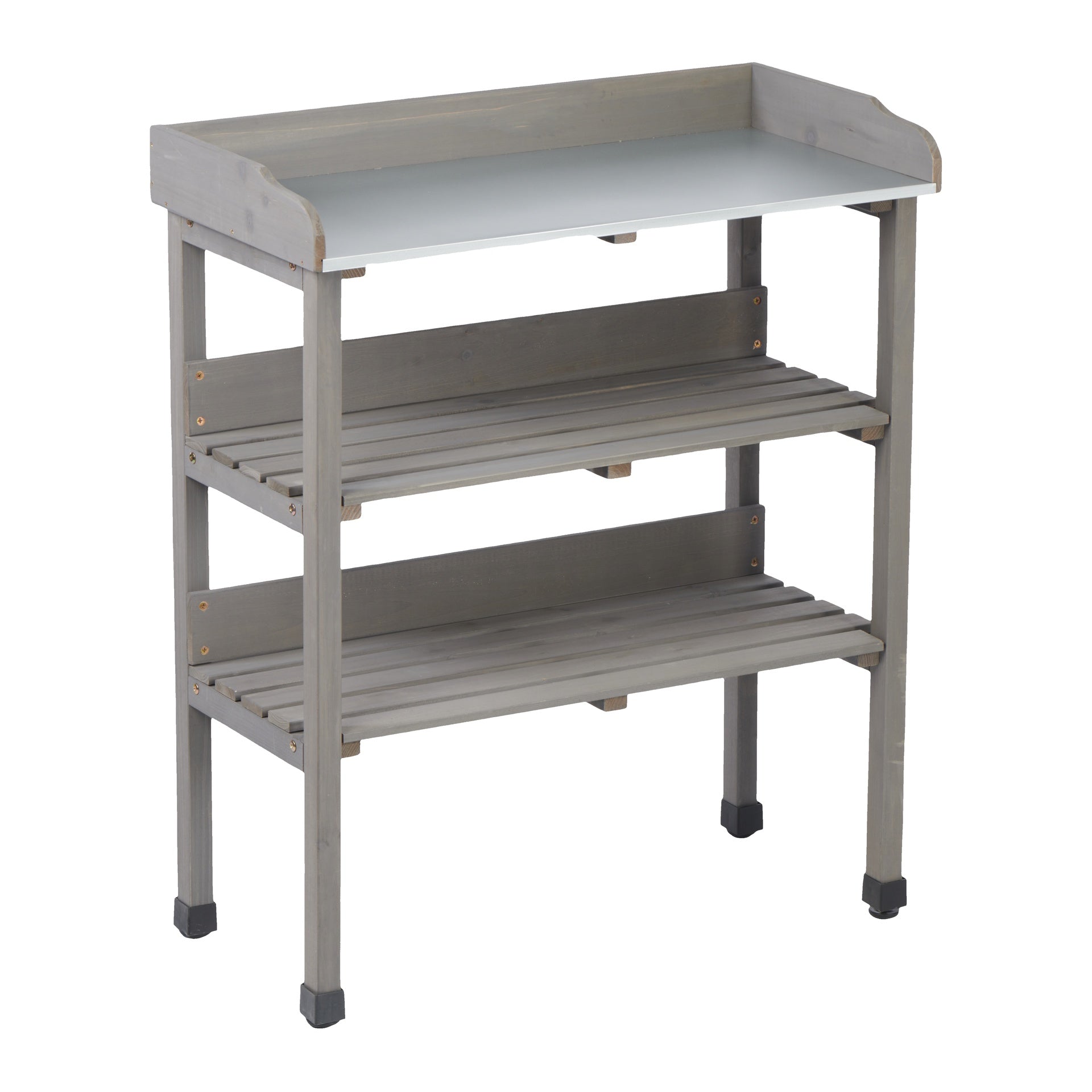 30″x14.5″×35.5″ Potting Table w/Metal Tabletop, 3 Layers Outdoor Work Bench w/Hook for Garden, Solid Wood Workstation for Garage