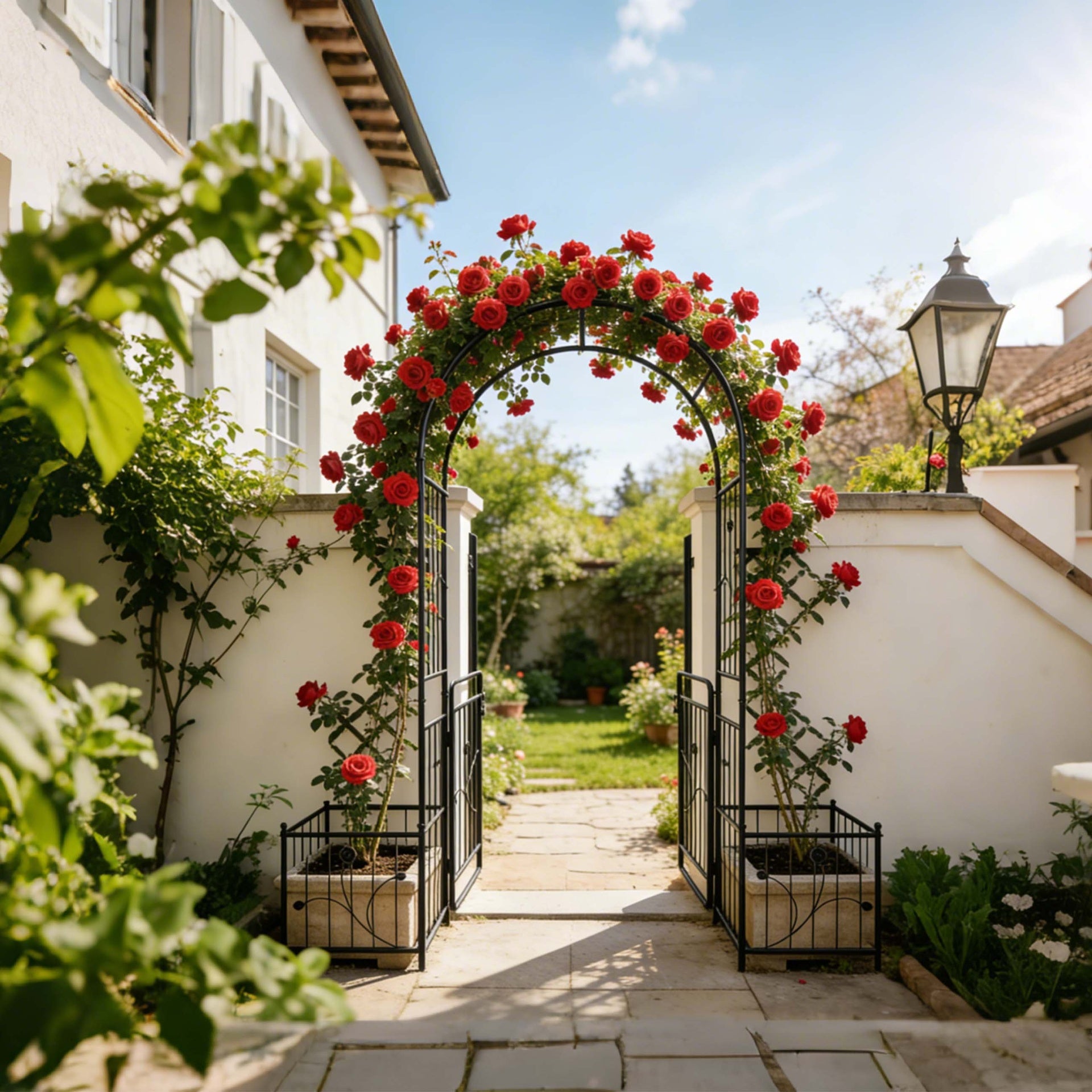 Metal Garden Arch with Gate 79.5'' Wide x 86.6'' High Climbing Plants Support Rose Arch Outdoor Black