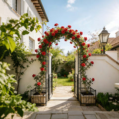 Metal Garden Arch with Gate 79.5'' Wide x 86.6'' High Climbing Plants Support Rose Arch Outdoor Black