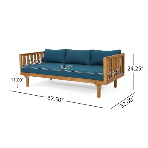 Acacia Wood Patio Furniture Set,Outdoor 3 Seater Daybed(with Water Resistant Thick Cushions)and Round Coffee Table, Dark Teal Cushion