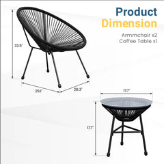 3-Piece Acapulco Wicker Patio Bistro Set with 2 Black Chairs & Glass Table