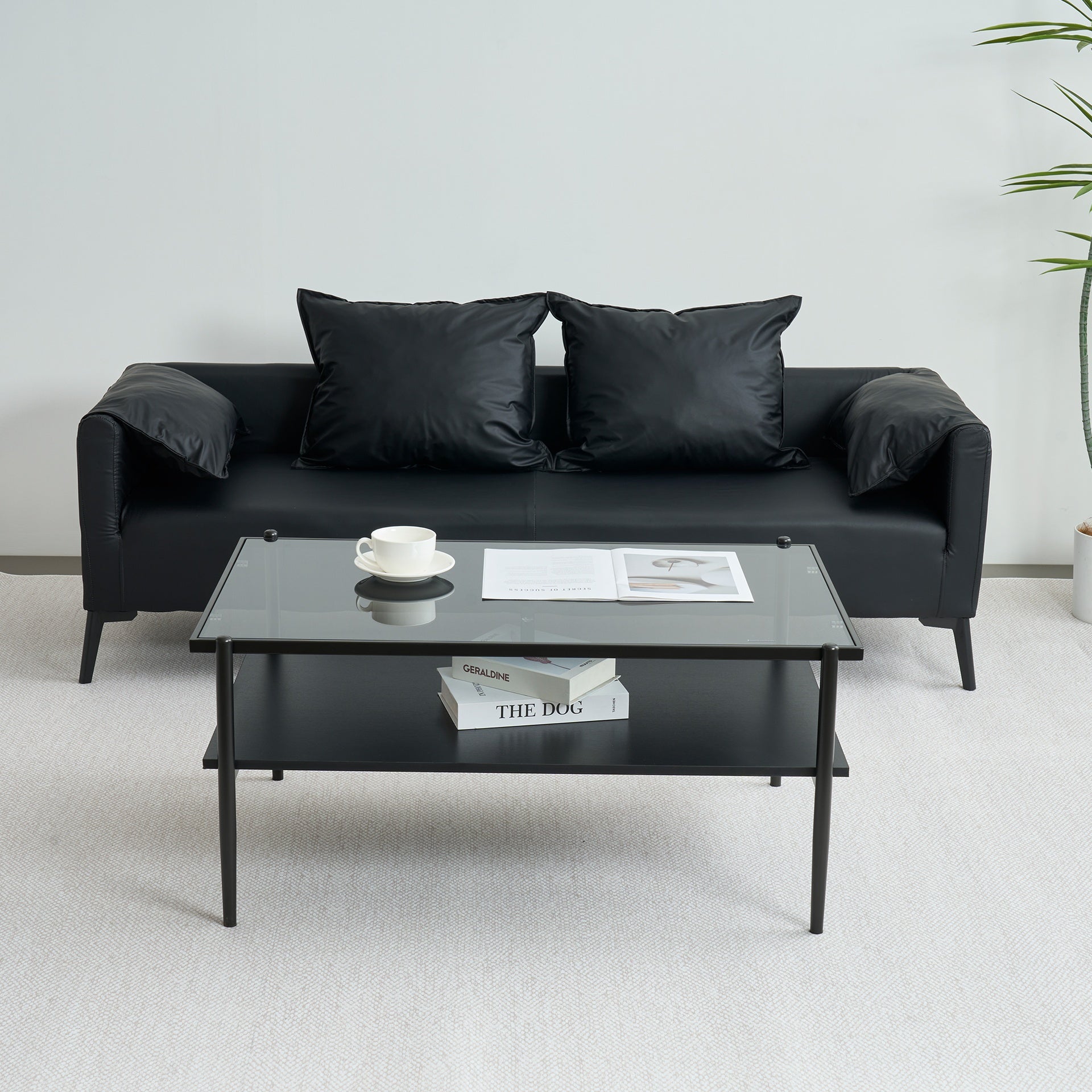 Rectangle Coffee Table with Gray Tempered Glass top and Black Legs,Modern Table for Living Room