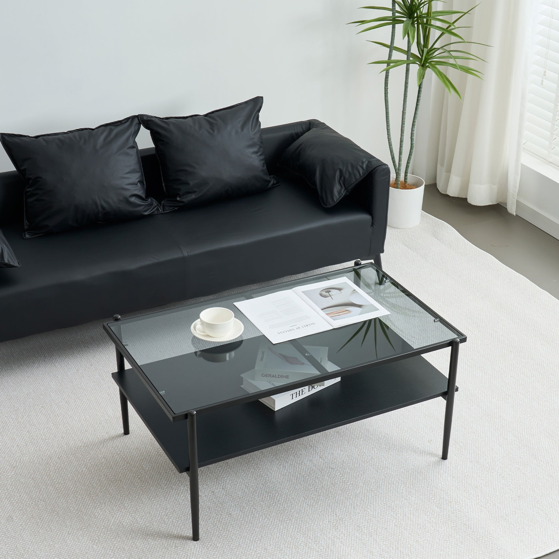 Rectangle Coffee Table with Gray Tempered Glass top and Black Legs,Modern Table for Living Room