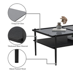 Rectangle Coffee Table with Gray Tempered Glass top and Black Legs,Modern Table for Living Room