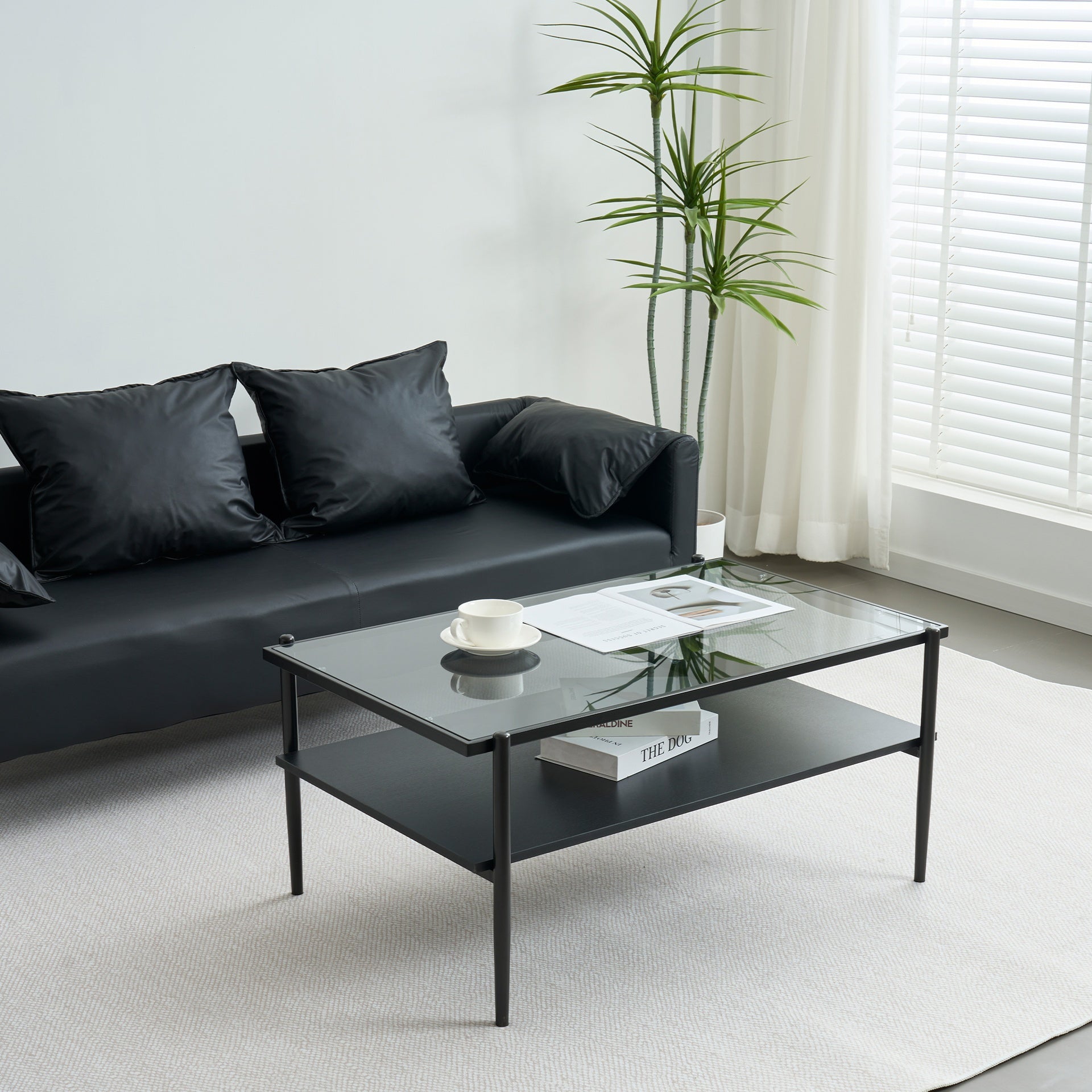 Rectangle Coffee Table with Gray Tempered Glass top and Black Legs,Modern Table for Living Room