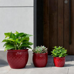 Handmade Ceramic Flower Pot Set of 3, 15/12/10 Inch Diameter, Deep Red with Floral Embossed Pattern, for Orchids Indoor/Outdoor Use on Windowsill & Bookshelf, Breathable Clay
