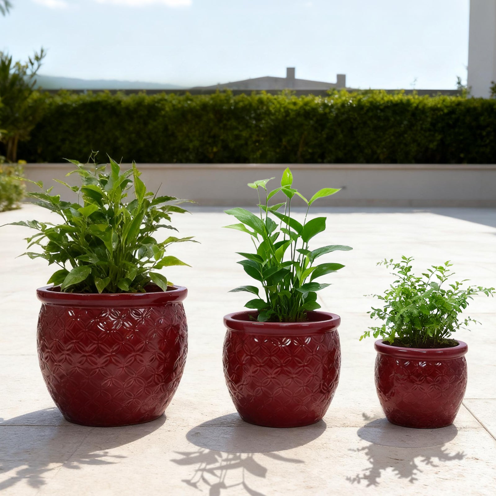 Handmade Ceramic Flower Pot Set of 3, 15/12/10 Inch Diameter, Deep Red with Floral Embossed Pattern, for Orchids Indoor/Outdoor Use on Windowsill & Bookshelf, Breathable Clay