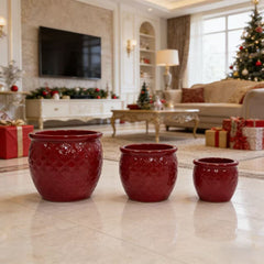 Handmade Ceramic Flower Pot Set of 3, 15/12/10 Inch Diameter, Deep Red with Floral Embossed Pattern, for Orchids Indoor/Outdoor Use on Windowsill & Bookshelf, Breathable Clay