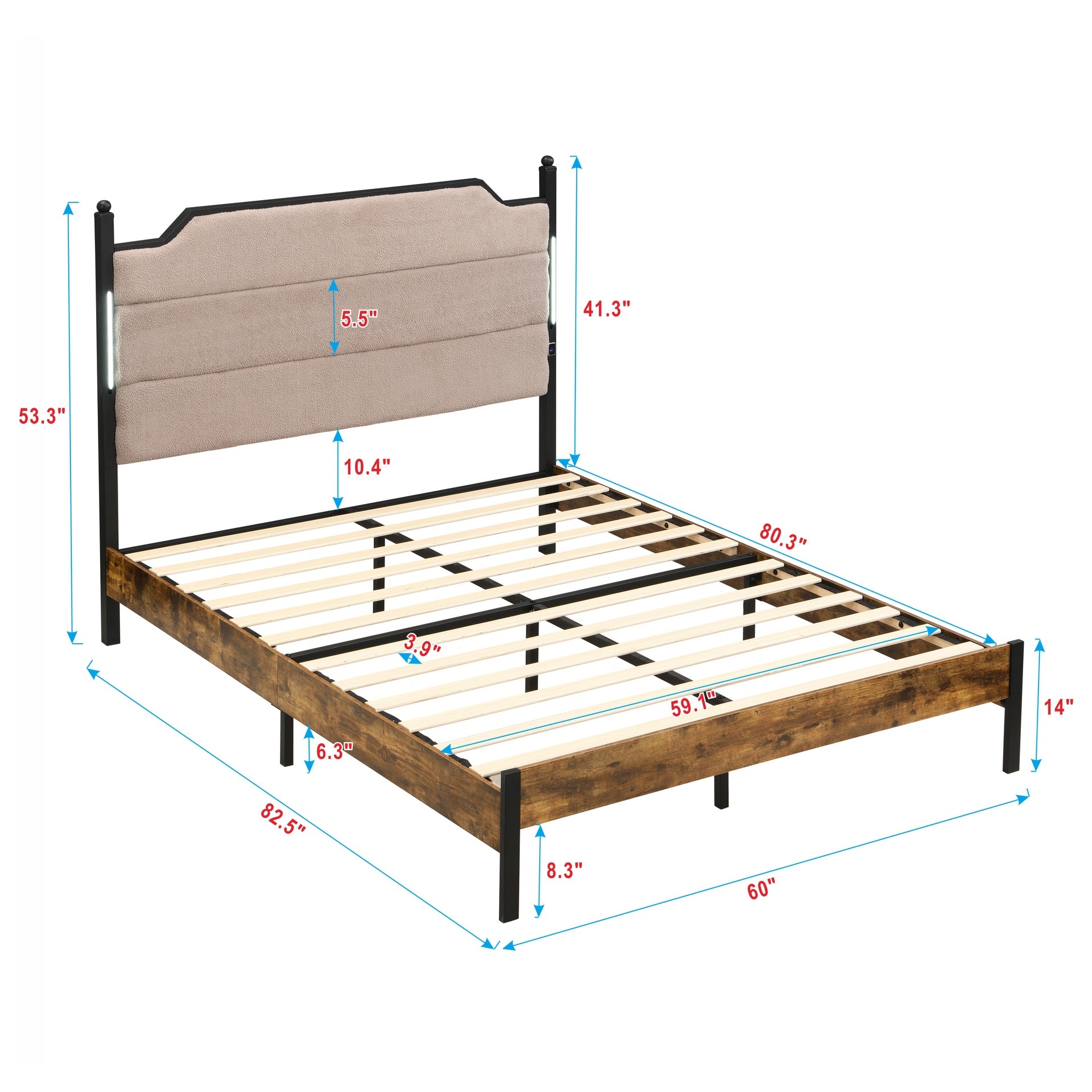 Queen  Bed Frame , Upholstered headboard  with Charging  and Touch sensitive LED Lights, Under Bed Storage, No Box Spring Needed,Noise Free