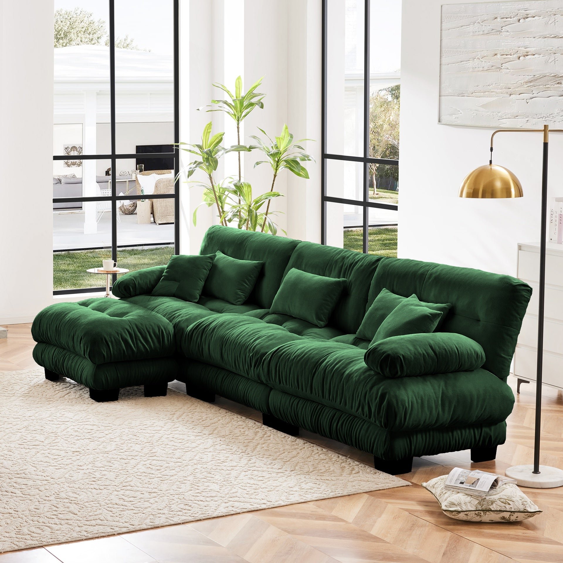 Luxury Modular Sectional Sofa Couch,Oversized L Shaped Cloud Couch for Living Room,Deep Seat Sofa Couch with Convertible Ottoman,Chenille Green