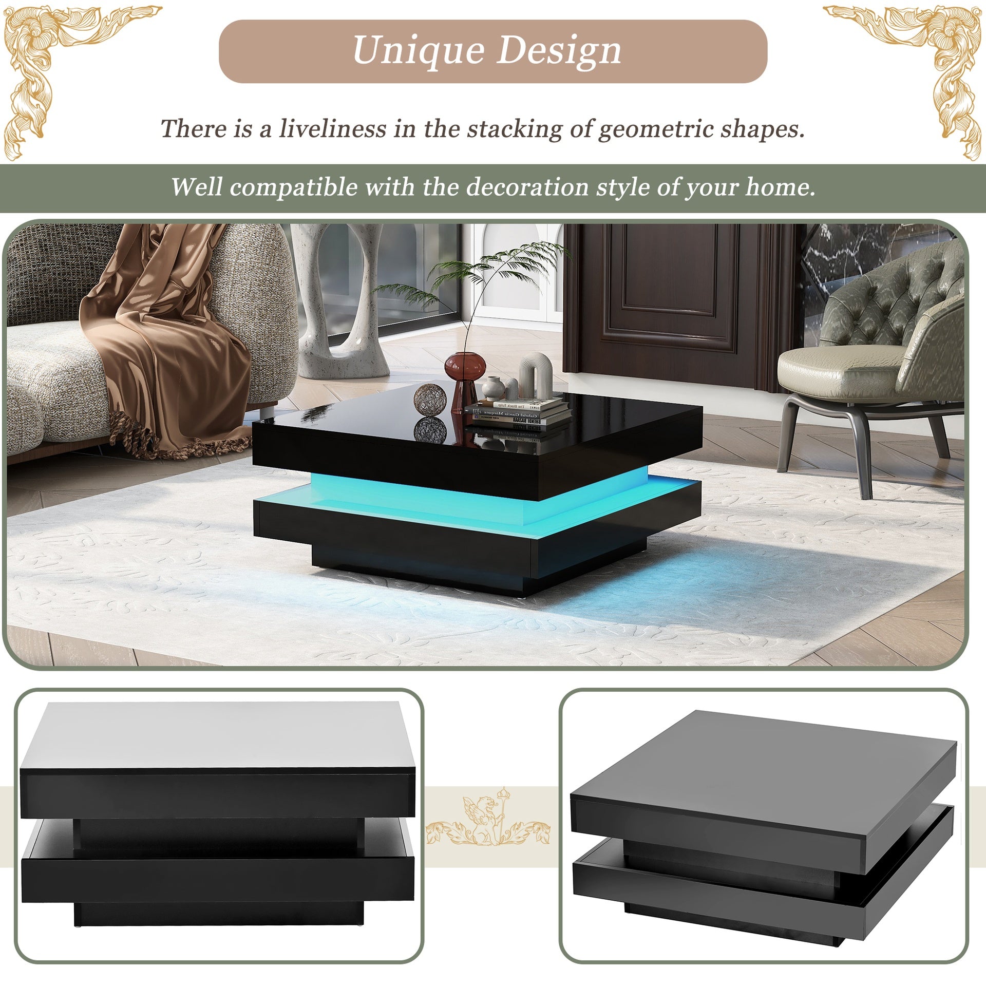ON-TREND High Gloss Minimalist Design with LED Lights, 2-Tier Square Coffee Table, Center Table for Living Room, 31.5''x31.5''x14.2'',Black