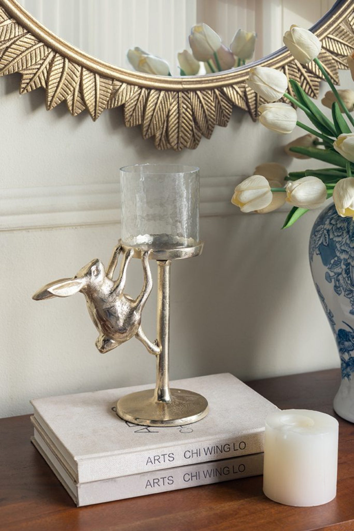 7.9x4x11" Gold Rabbit Pillar Candle Holder with Clear Glass Hurricane Shade