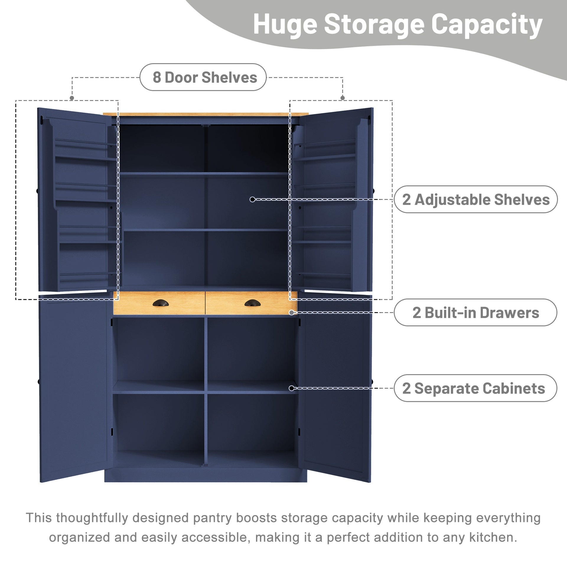 [Assembly Video Provided]TOPMAX 40.2x20x71.3inch High Freestanding Kitchen Pantry Large Cupboard Storage Cabinet with 2 Drawers, 2 Adjustable Shelves, 8 Door Shelves for Kitchen, Dining Room,Blue