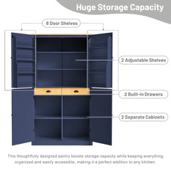 [Assembly Video Provided]TOPMAX 40.2x20x71.3inch High Freestanding Kitchen Pantry Large Cupboard Storage Cabinet with 2 Drawers, 2 Adjustable Shelves, 8 Door Shelves for Kitchen, Dining Room,Blue