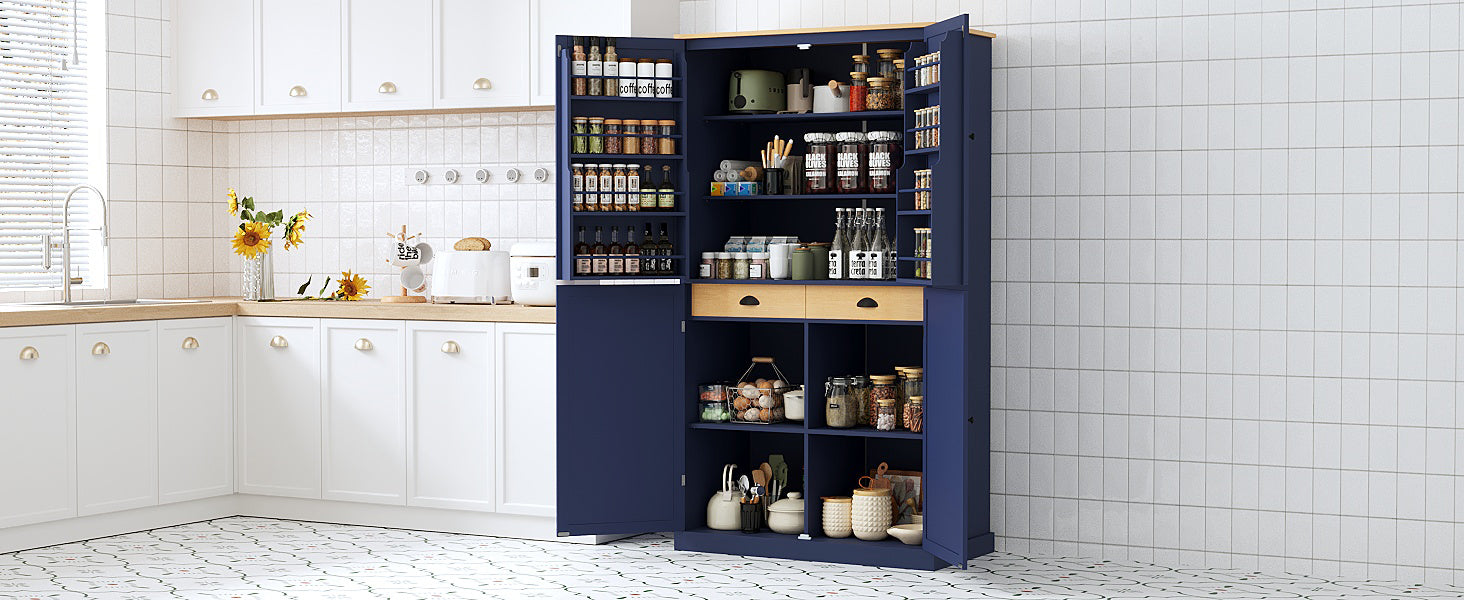 [Assembly Video Provided]TOPMAX 40.2x20x71.3inch High Freestanding Kitchen Pantry Large Cupboard Storage Cabinet with 2 Drawers, 2 Adjustable Shelves, 8 Door Shelves for Kitchen, Dining Room,Blue