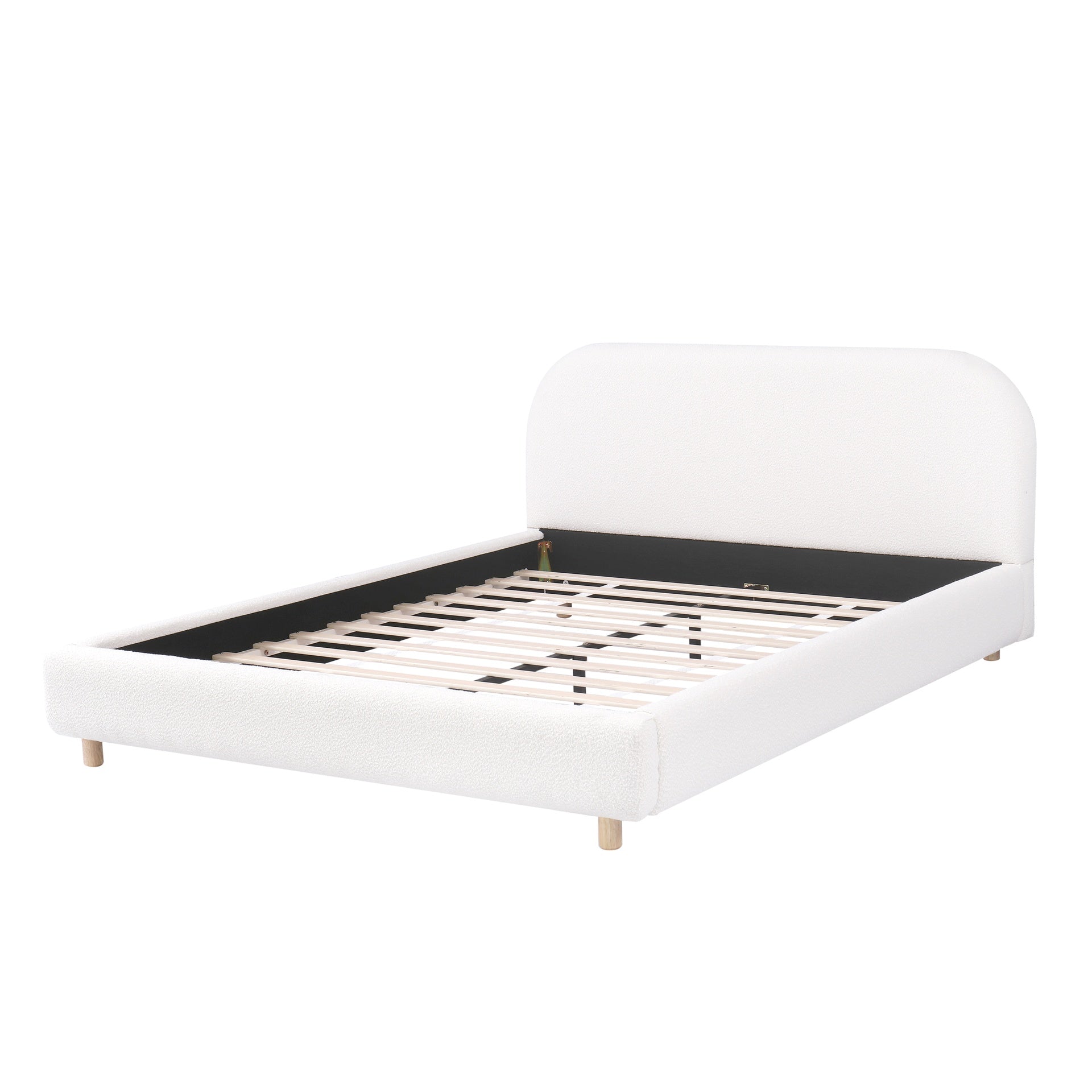 Queen Size Upholstered Bed With Boucle Fabric,Curved-Shape Design Thick Headboard, Solid Wood Legs,White