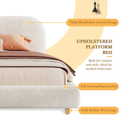 Queen Size Upholstered Bed With Boucle Fabric,Curved-Shape Design Thick Headboard, Solid Wood Legs,White