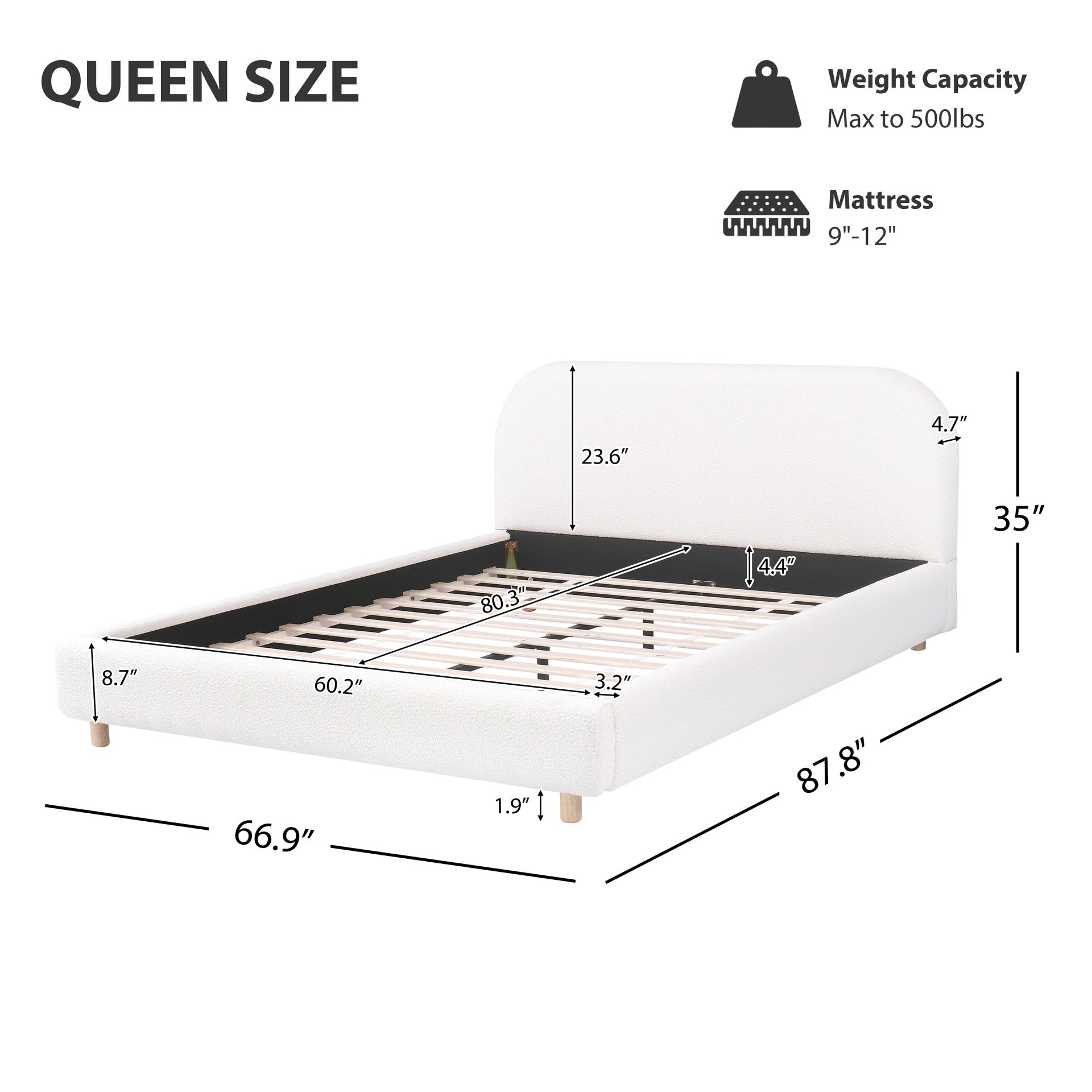 Queen Size Upholstered Bed With Boucle Fabric,Curved-Shape Design Thick Headboard, Solid Wood Legs,White