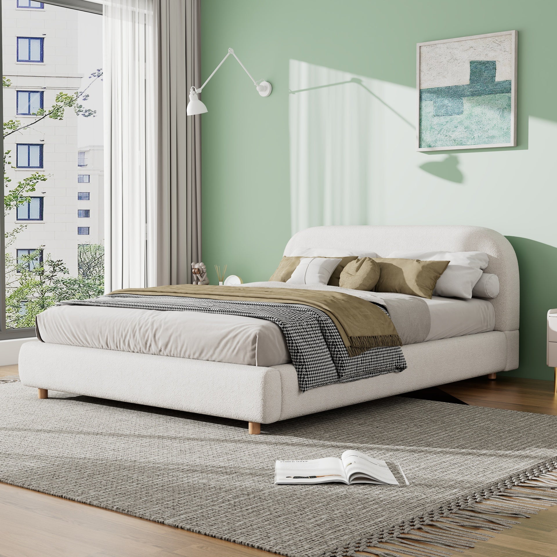 Queen Size Upholstered Bed With Boucle Fabric,Curved-Shape Design Thick Headboard, Solid Wood Legs,White