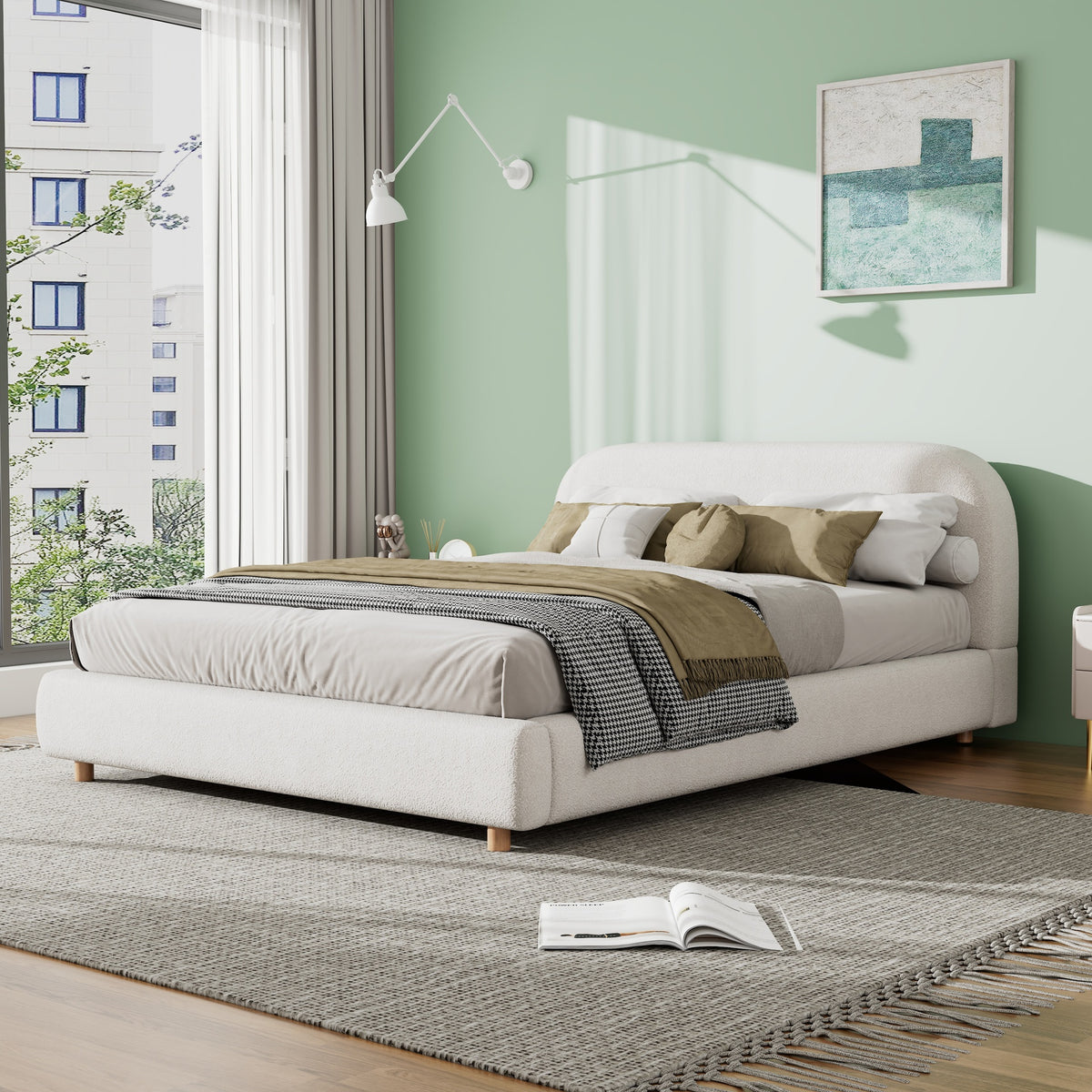 Queen Size Upholstered Bed With Boucle Fabric,Curved-Shape Design Thick Headboard, Solid Wood Legs,White