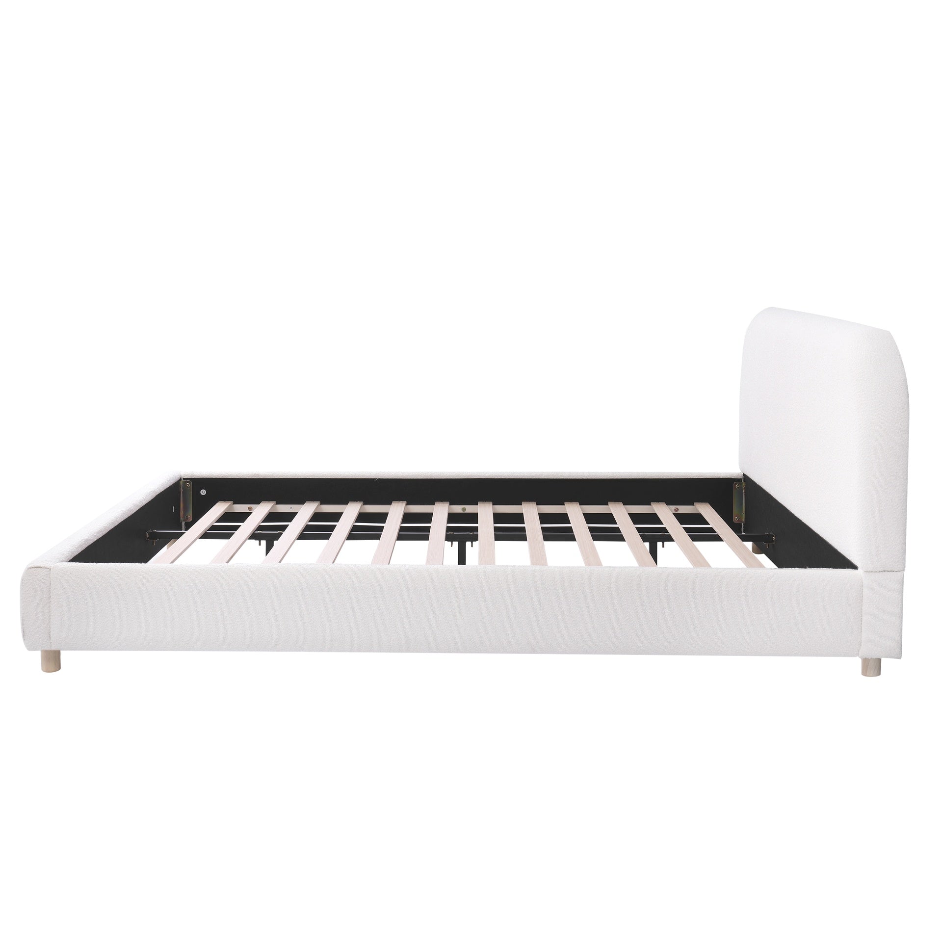 Queen Size Upholstered Bed With Boucle Fabric,Curved-Shape Design Thick Headboard, Solid Wood Legs,White