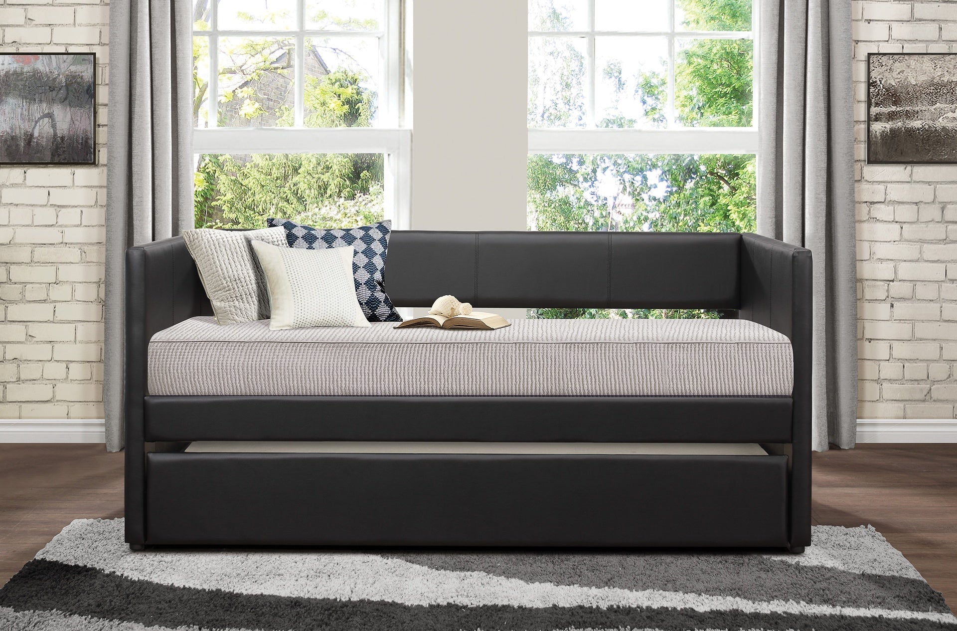 Black Faux Leather Upholstered Contemporary Daybed with Trundle Wooden Furniture 1pc
