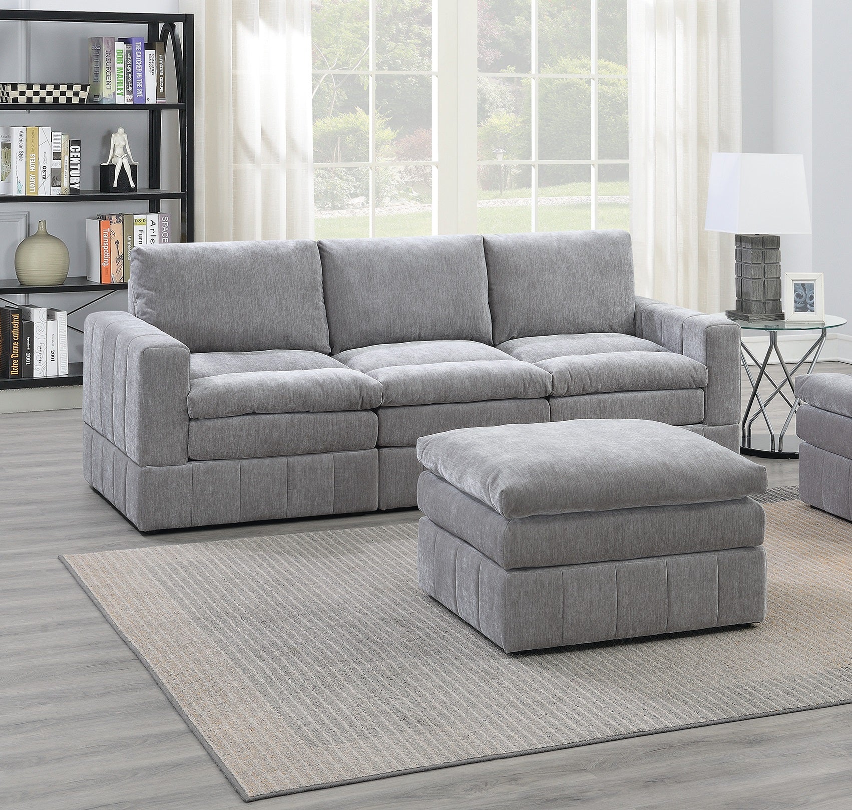 Contemporary 5pc Set Modular Sectional Set 2x One Arm Chair / Wedge 2x Armless Chair 1x Ottoman Granite Color Morgan Fabric Plush Living Room Furniture