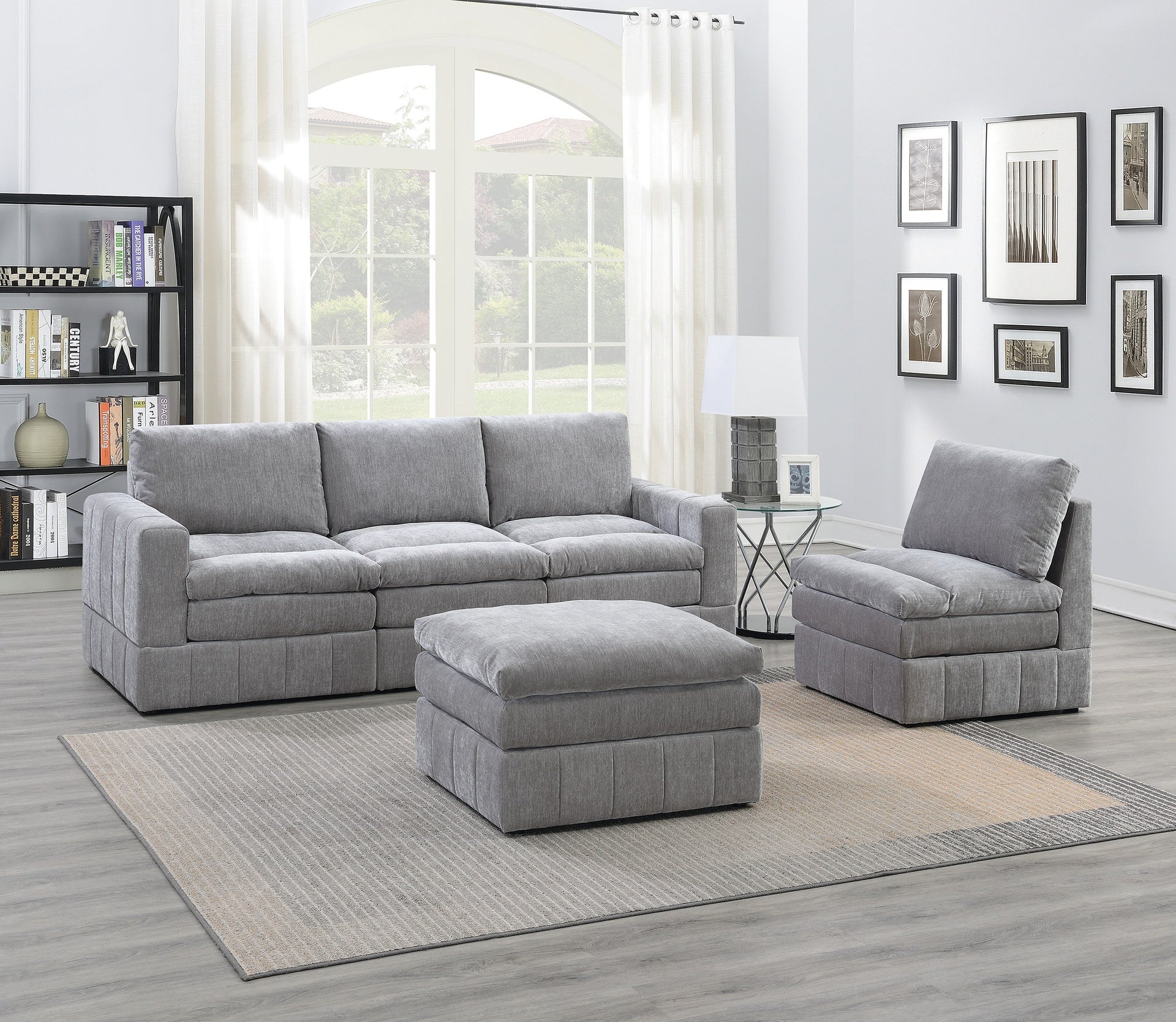 Contemporary 5pc Set Modular Sectional Set 2x One Arm Chair / Wedge 2x Armless Chair 1x Ottoman Granite Color Morgan Fabric Plush Living Room Furniture