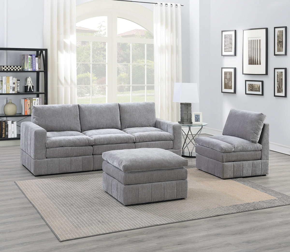 Contemporary 5pc Set Modular Sectional Set 2x One Arm Chair / Wedge 2x Armless Chair 1x Ottoman Granite Color Morgan Fabric Plush Living Room Furniture