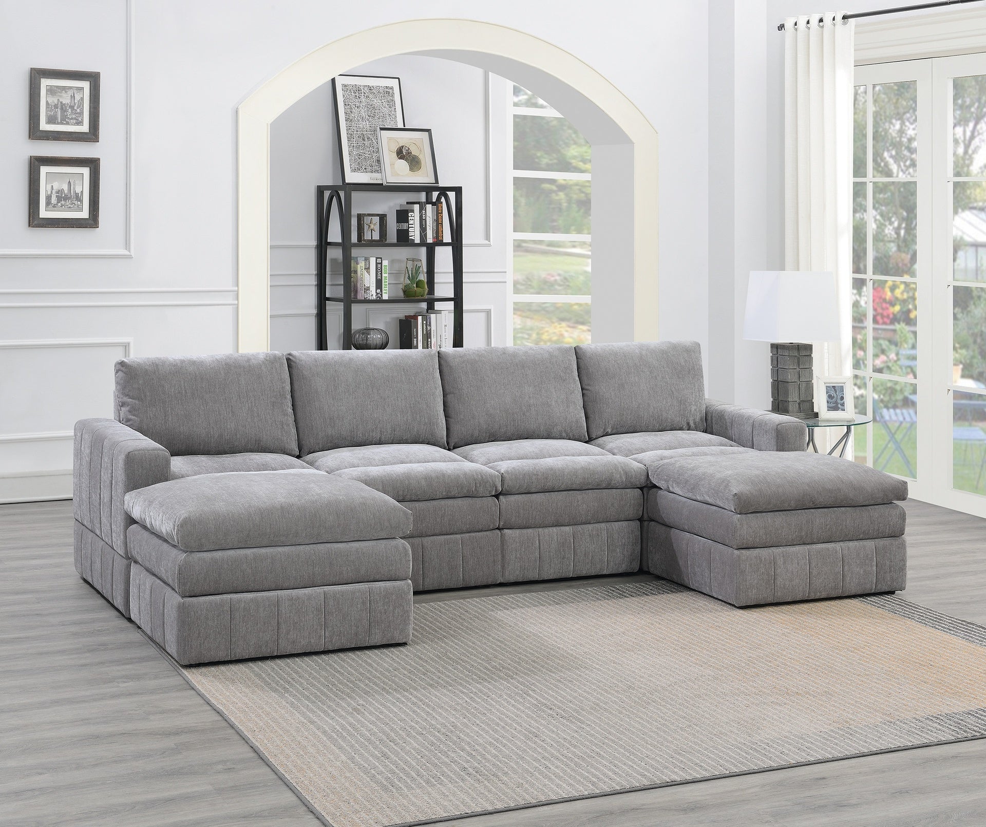 Contemporary 6pc Set Modular Sectional Set 2x One Arm Chair / Wedge 2x Armless Chairs 2x Ottomans Granite Color Morgan Fabric Plush Living Room Furniture